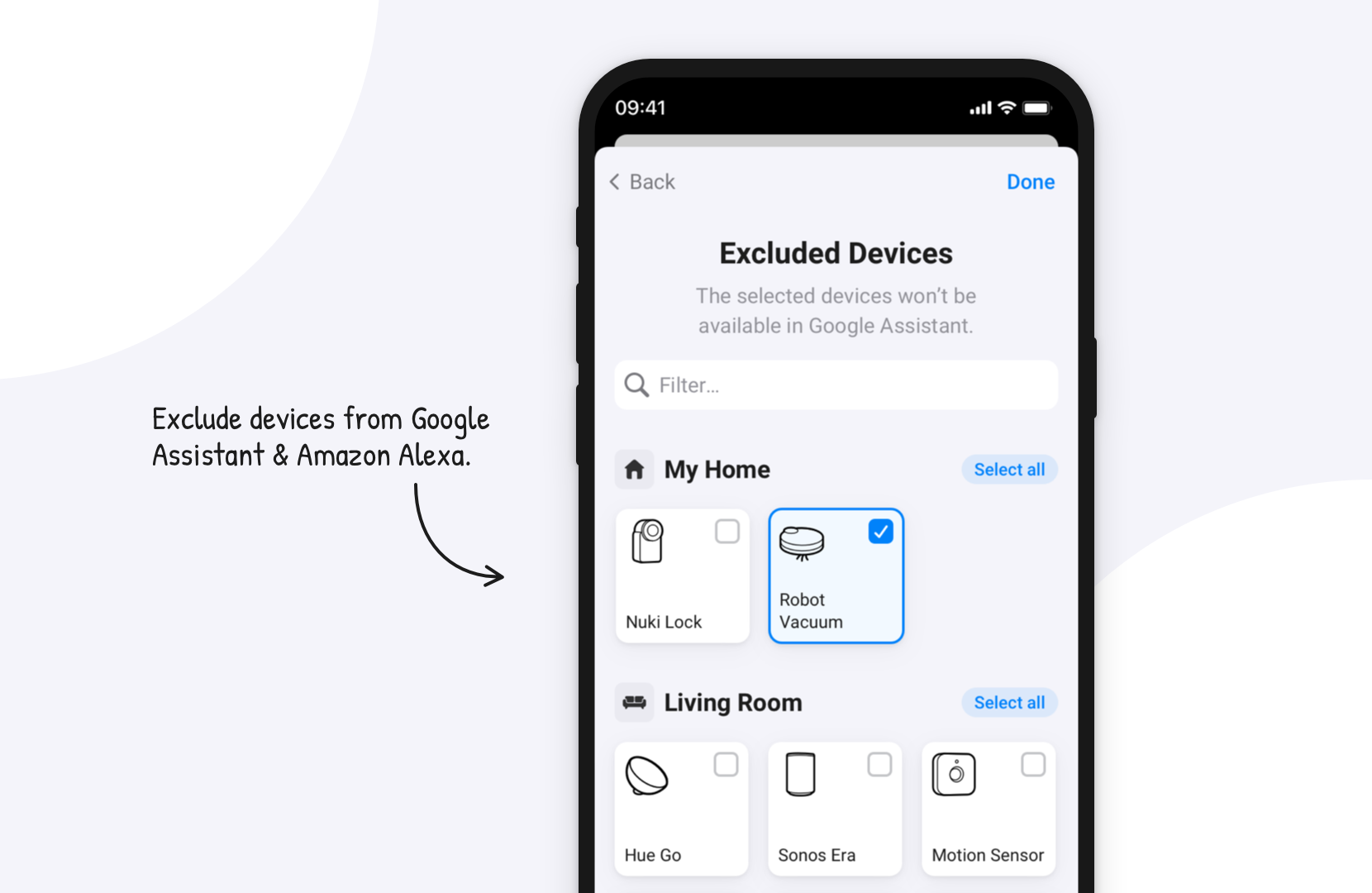 Exclude specific devices from syncing with Google Assistant & Amazon Alexa